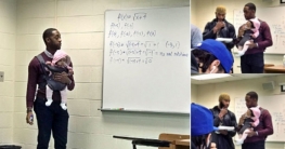 শিক্ষার্থীর বাচ্চাকে কোলে নিয়েই অংক শেখাচ্ছেন শিক্ষক